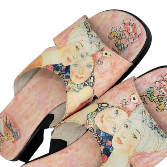 Icon Gustav Klimt Women Friends Leather Kitten Heel Sandals Wearable Art - Picture 2 of 11